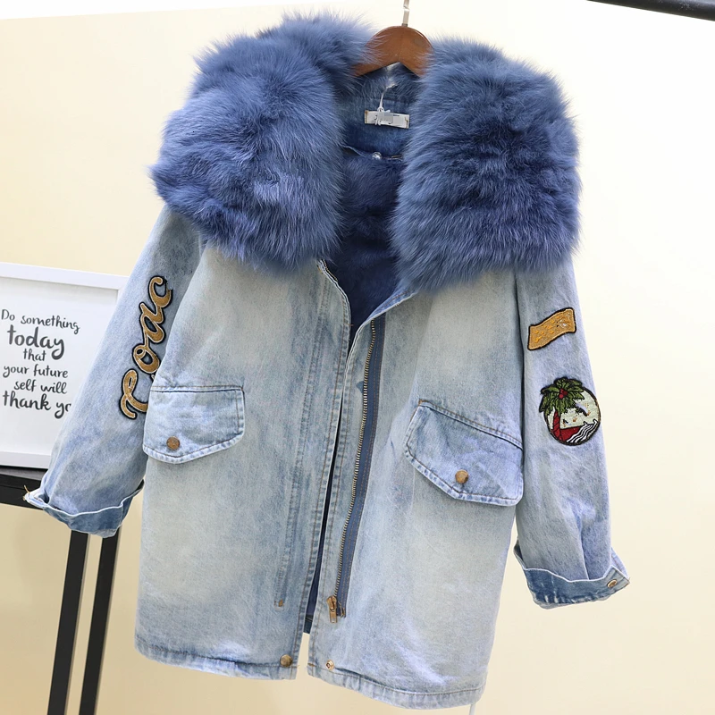 Navy Blue4 Vefadisa, зимняя джинсовая куртка с меховым воротником, плотное джинсовое пальто с принтом, Свободное пальто с завязками на талии, женское повседневное пальто, QYF827 - Цвет: Navy Blue4