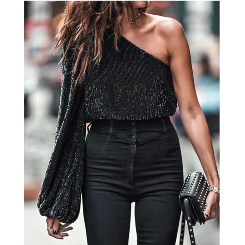 Женский Галстук в блестках блузка с низким вырезом на спине одно плечо черный топ