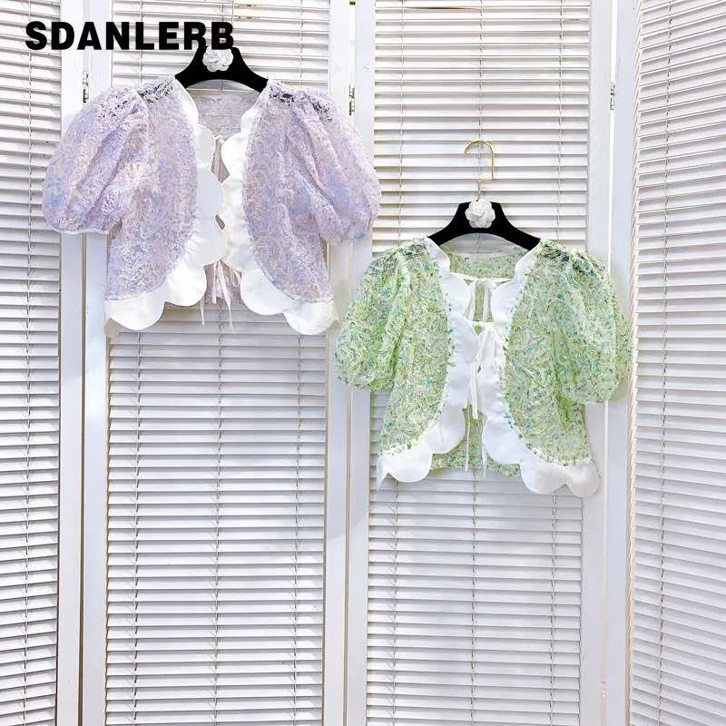 

Летняя новая модная короткая рубашка в стиле ретро с волнистой оборкой, кружевная сетчатая блузка с коротким пышным рукавом и цветочным при...