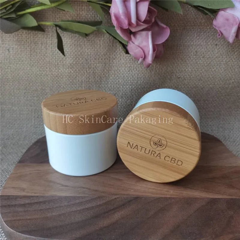 Фото Пустая баночка для крема, оптовая продажа 10 г, 30 г, 50 г, 100g150g 250gWhite PP Пластик с бамбуковой Кепки изготовленным на заказ логосом CBD конопляное контейнер для крема №2