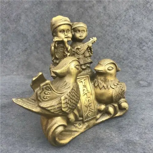 

China antique handmade brass Mandarin Duck boy & girl statue marry gift