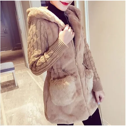 

2021 women's autumn and winter jacket new Korean fashion jacket knitted stitching plush faux fur thickened hood coat women