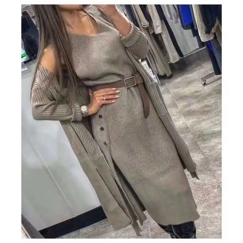 

Medium Limited V-neck Full Mid-calf None Length Knit Women Coat + Two-piece Dress 2020 New Knitted Suits Long Winter Solid