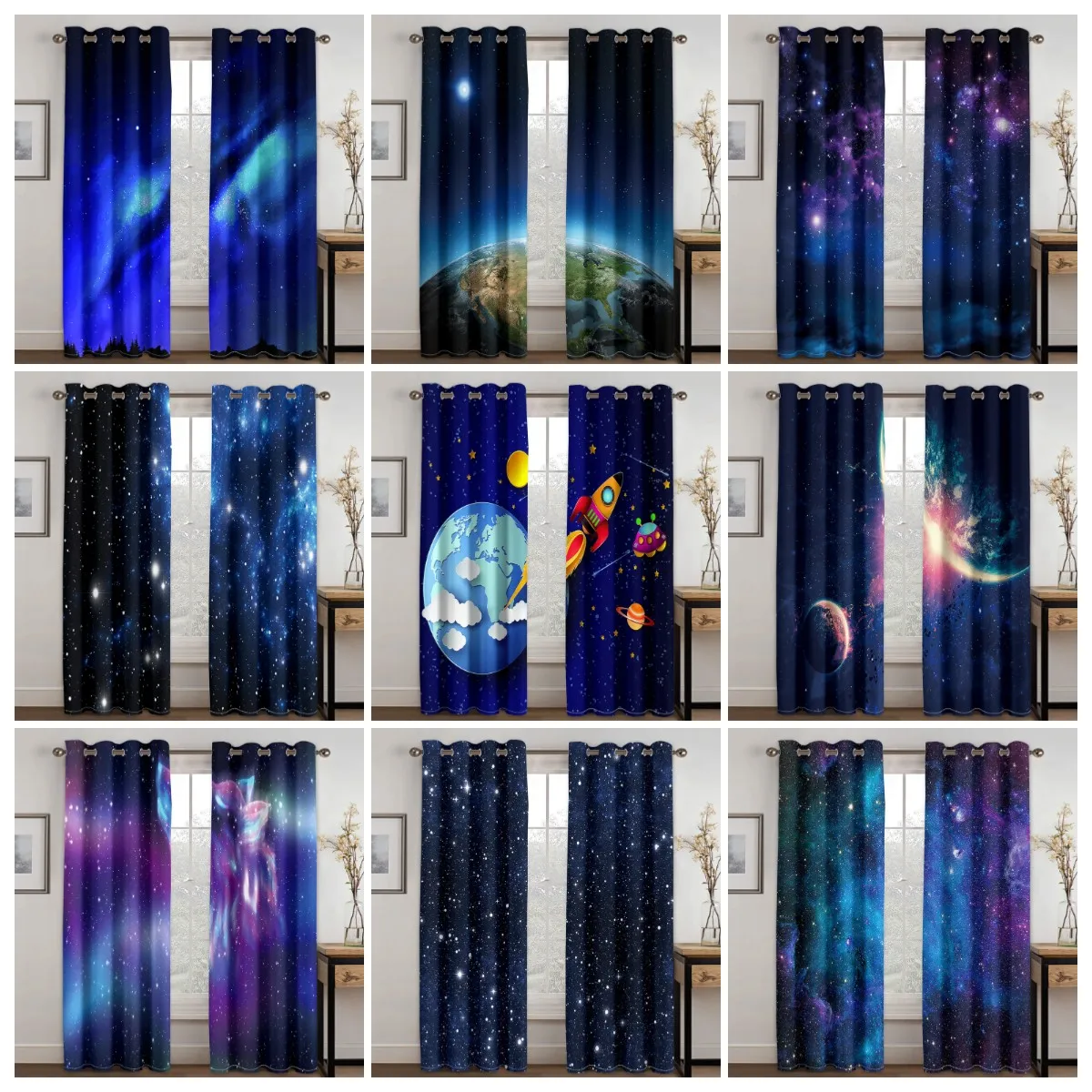 

Living Room Shading Decorative Curtains Cosmic Starry Sky Spaceship Pattern Home Textile Decoration Bedroom Grommet Curtains