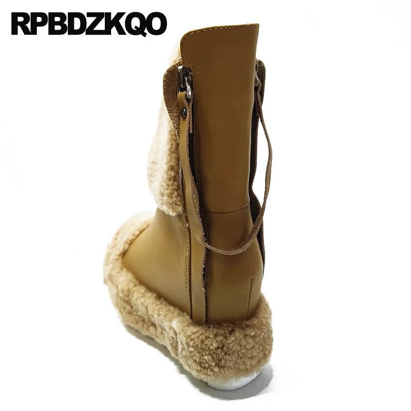 Сапоги женские зимние из овечьей шкуры на высоком каблуке с натуральным синим