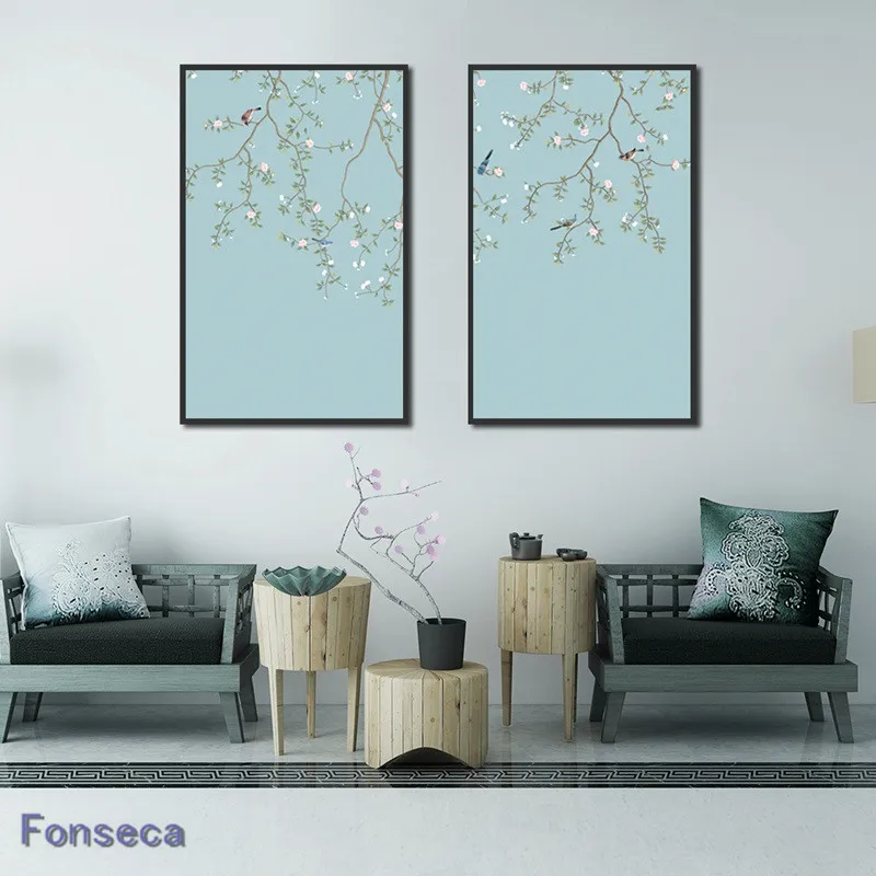 

Nordic Plum Blossom Flower And Bird Poster Blue Background Decorative Canvas Painting Wall Art Modular Pictures For Home Design