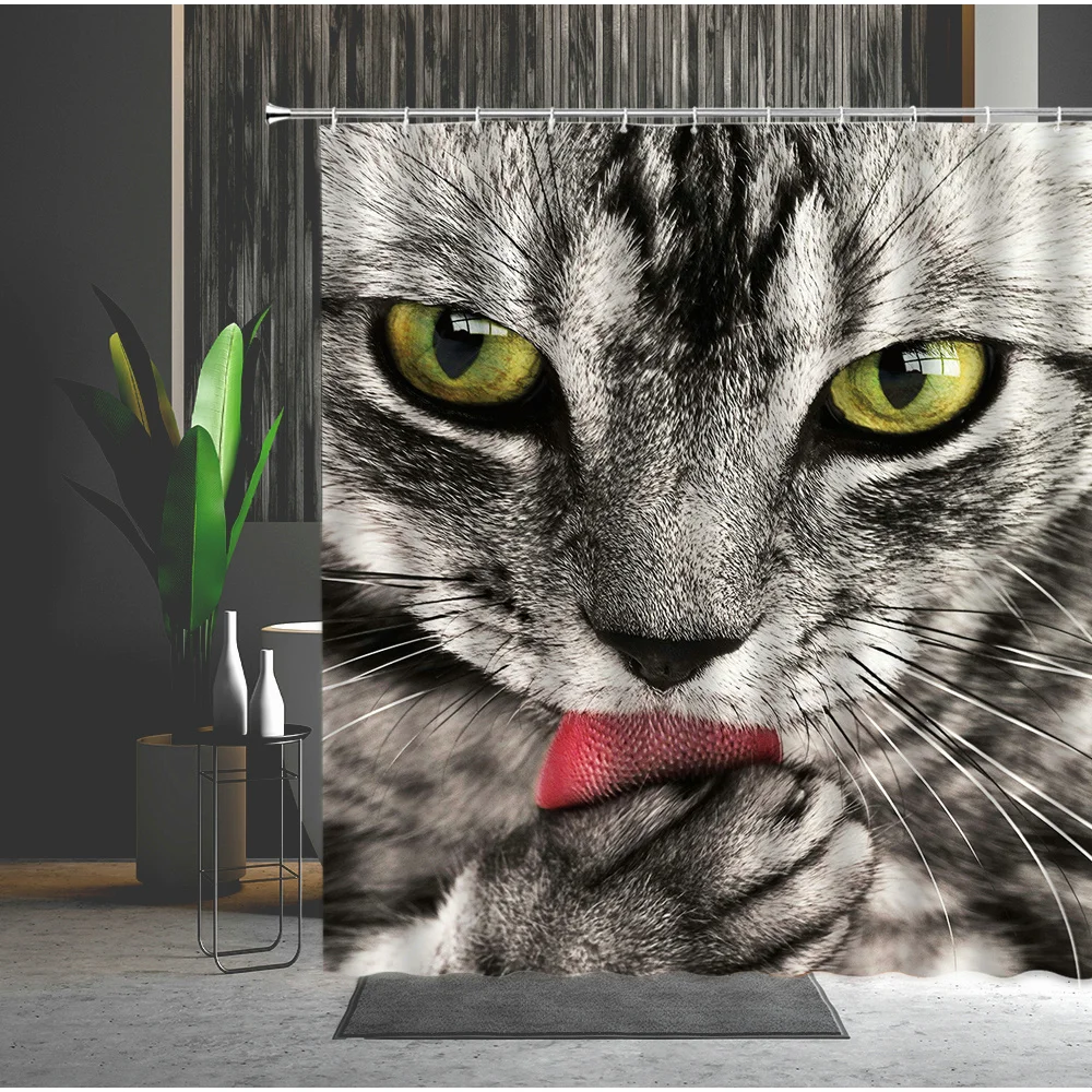 

Bath Curtain lovely Pet Cat Bath Screen Home Waterproof Shower Curtain Bathroom Decor Wall-Mounted Multiple Size With Hooks