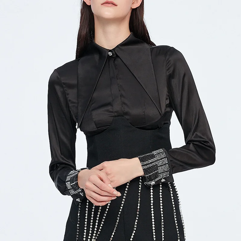 

MSXU 2021 Spring New Style Women's Fashion Temperament Lapel Single-Breasted Long-sleeved Short Shirt Women Top