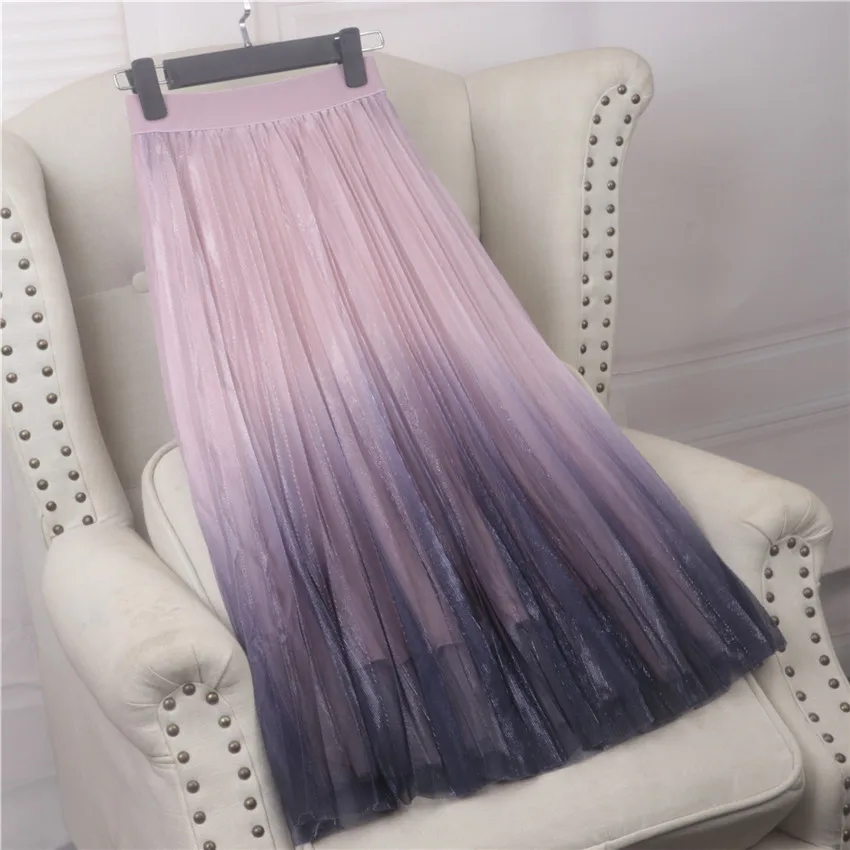 

Женская плиссированная юбка средней длины, демисезонная сетчатая юбка с градиентом и эластичным поясом, WZ1130