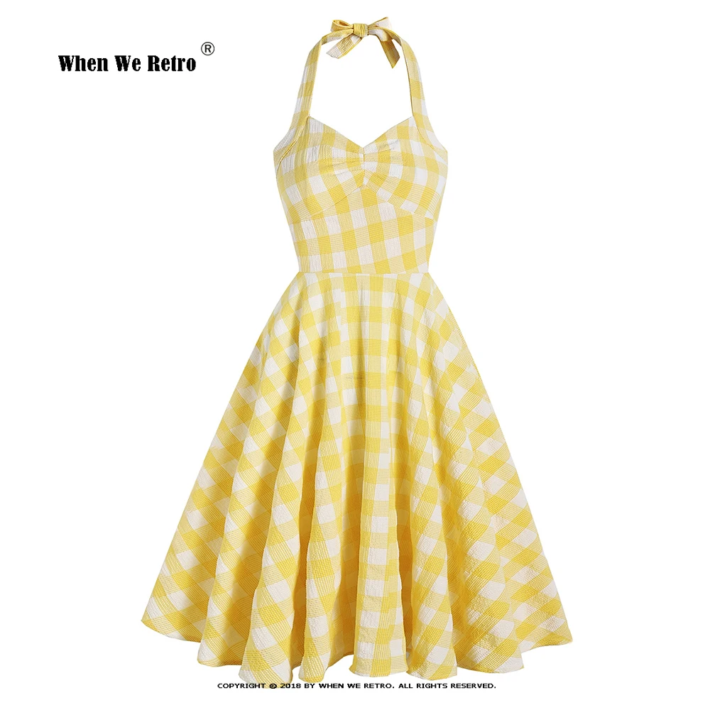 

Y2K Vestidos летнее платье с лямкой на шее желтое платье в клетку VD1993 Винтаж Хепберн в британском стиле платье с короткими рукавами, сексуальное В...