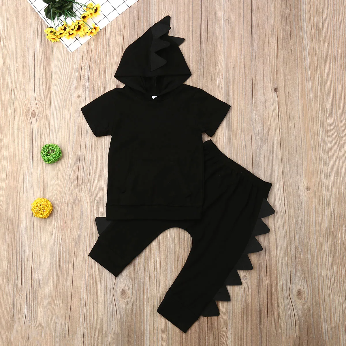 2019 Newborn Toddler Kids Baby Boy Clothes Set Summer Hooded Short Sleeve Black Solid T-shirt Tops Pants Trousers Outfit 2PCs |