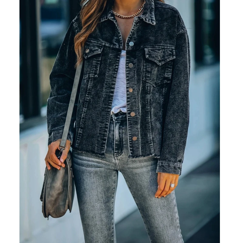 

Streetwear Corduroy Jackets Women Fall Fashion Lapel Long Sleeves Single-breasted Solid Coat Women Lugentolo