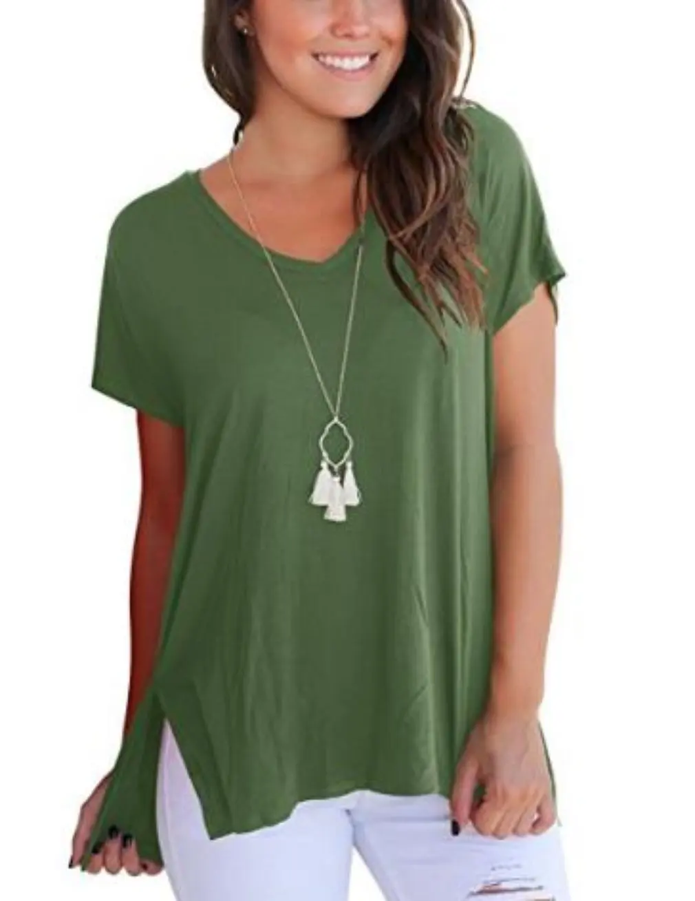 

Women Loose Comfortable Hem Split Front Short Back Long Solid Color V-neck T-shirt Short Sleeves Summer T-shirt