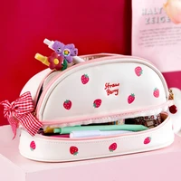 pu leather waterproof double layer storage pencil case kawaii holder large capacity school pencilcases stationery organizer item