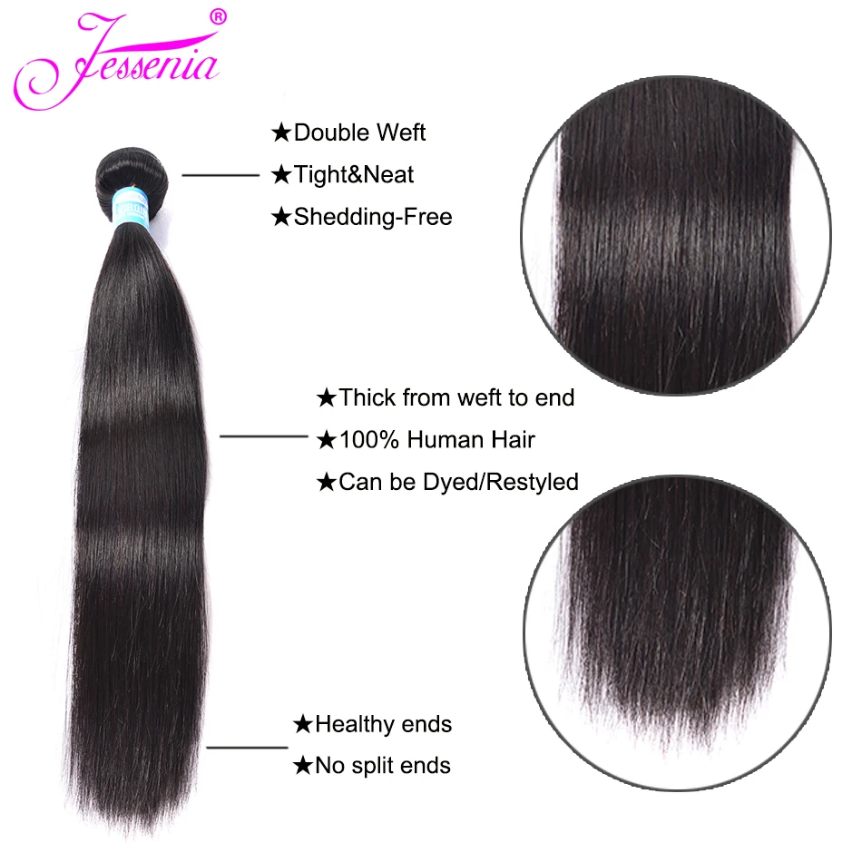 JESSENIA волосы бразильские прямые 3 пучка наращивание человеческих 10-28 дюймов Remy 100%