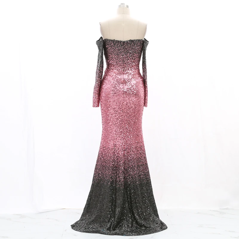 Stock Clean Off The Shoulder Sequins Prom Dress Long Sexy Fashion Evening Gown210224-046