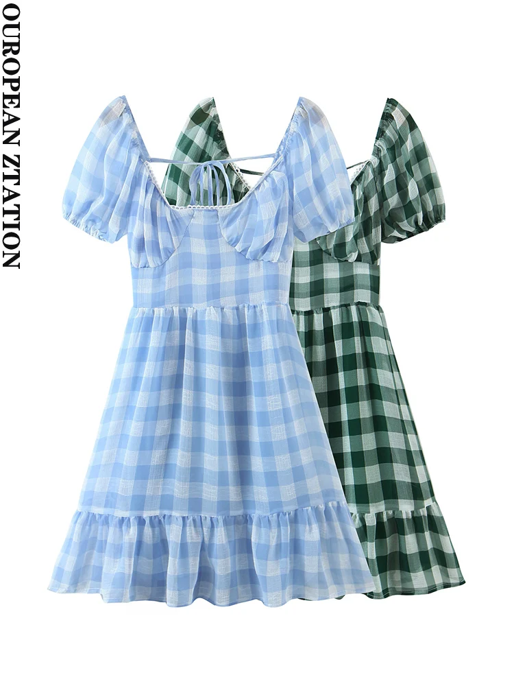 

Women 2022 fashion early spring new backless lace-up check dress vintage square neck puff sleeves female dresses vestidos