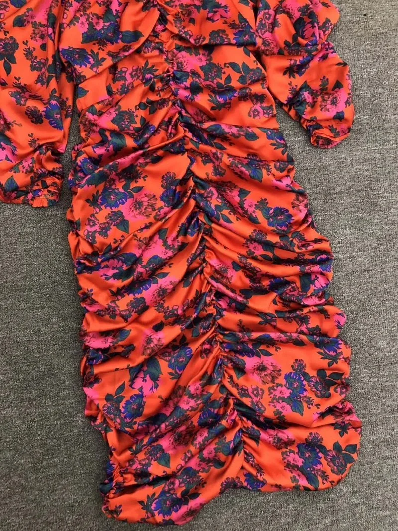 

2020 Summer Fashion Bodycon Sexy Party Event Women V-Neck Color Block Floral Print Short Sleeve Casual Pleatted Dress