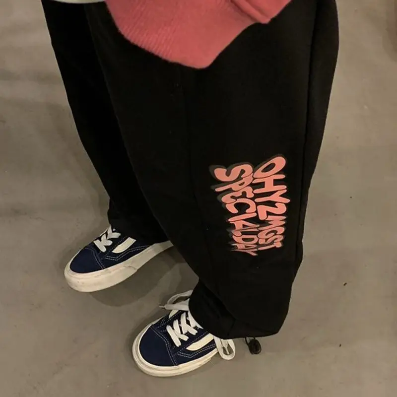 

Korean Style Sweatpants Women Fashion Letter Print Trousers Women Spring High Waist Loose Casual Wide Leg Pant