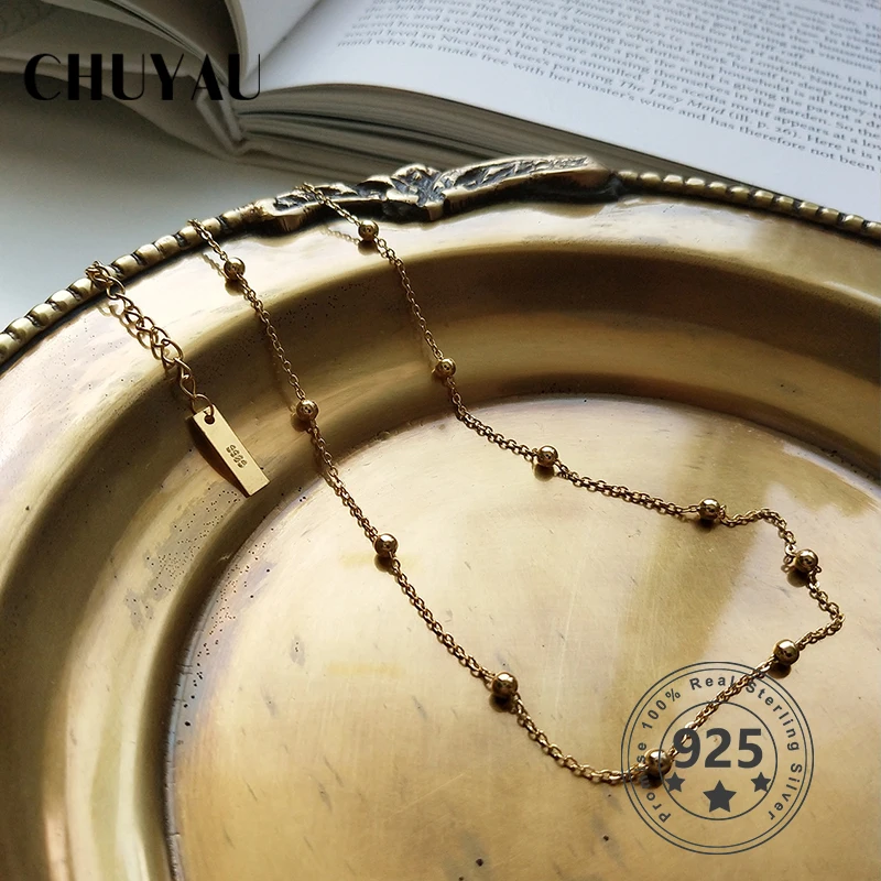 Ожерелье из круглых бусин стерлингового серебра 925 пробы Золотое модное ожерелье