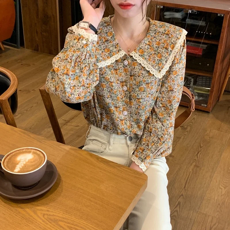 

Vintage Ruffles OL Stylish New 2021 Lace Retro Casual Printed Women Blouses Loose All Match Office Lady Shirts