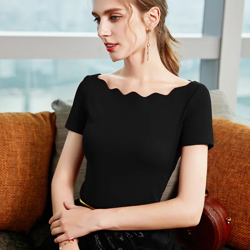 

Smart t-shirt female summer off shoulder short sleeve niche design French elegant wave shoulder top female