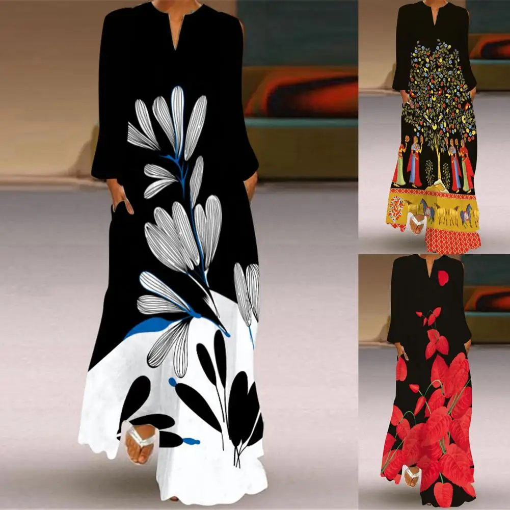 

2021 Popular Temperament Long Dress Vintage Print V Neck Women Long Sleeve Large Hem Insert Pockets Dress Beachwear for Holiday