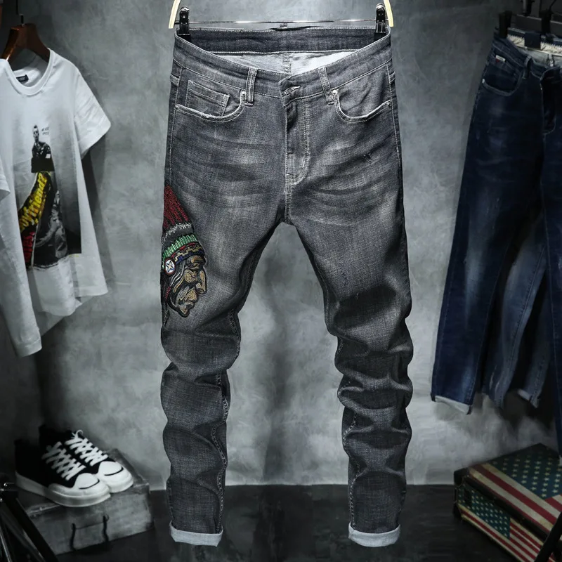 

2020 New Fashion Male Jean Vintage Embroidery Elastic Pencil Streetwear Slim Fit Denim Pants Plus Size