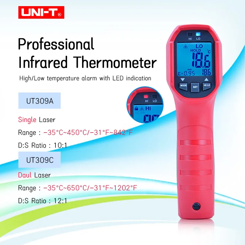 

UNI-T UT309A/UT309C Высокоточный профессиональный промышленный инфракрасный термометр IP65 Пылезащитный/водонепроницаемый Бесконтактный Высокий/Н...
