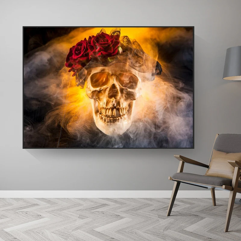 

RELIABLI ART Yellow Skull Flowers Pictures Canvas Paintings Wall Art For Living Room Decoration Posters And Prints No Frame