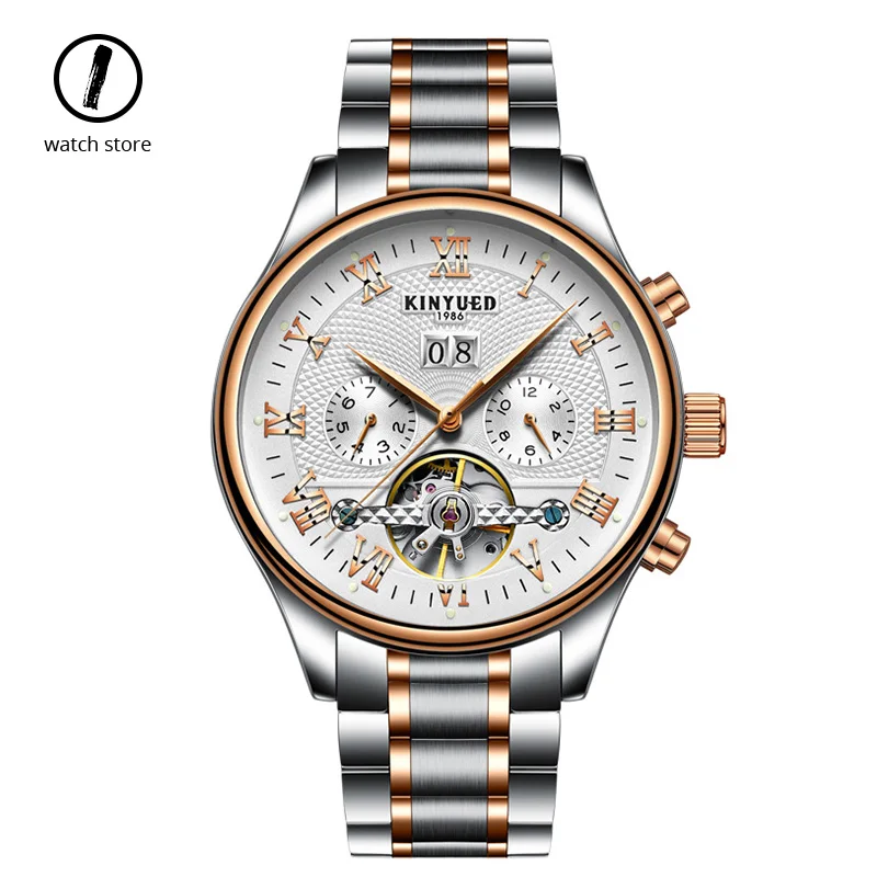 Роскошные мужские механические часы Tourbillon Kinyued Switzerland водонепроницаемые