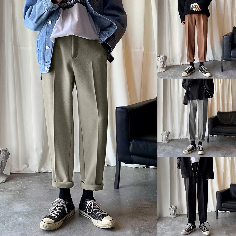 Зимние новые шерстяные брюки мужские Модные однотонные деловые повседневные