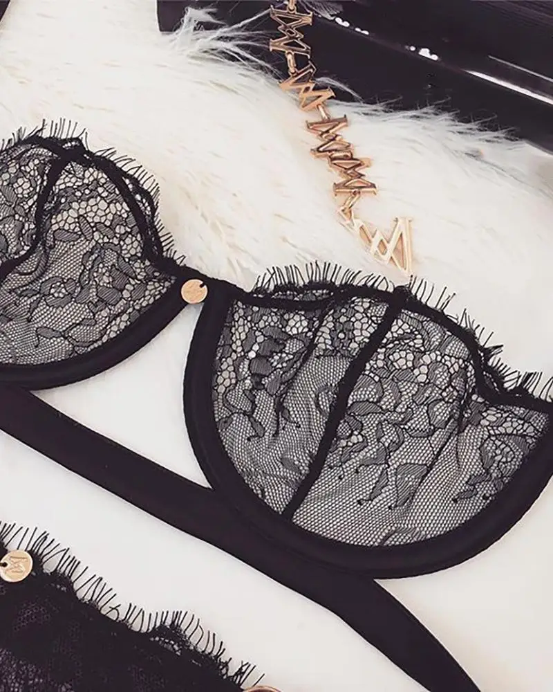 

Fashion Women See Through Patchwork Sexy Exquisite Lingerie Underwear Eyelash Lace Sheer Mesh Bra Sets Transparent Brief Bra