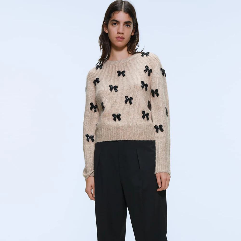 ZA 2019 вязаный свитер с бантиком осенний и зимний женский пуловер длинными