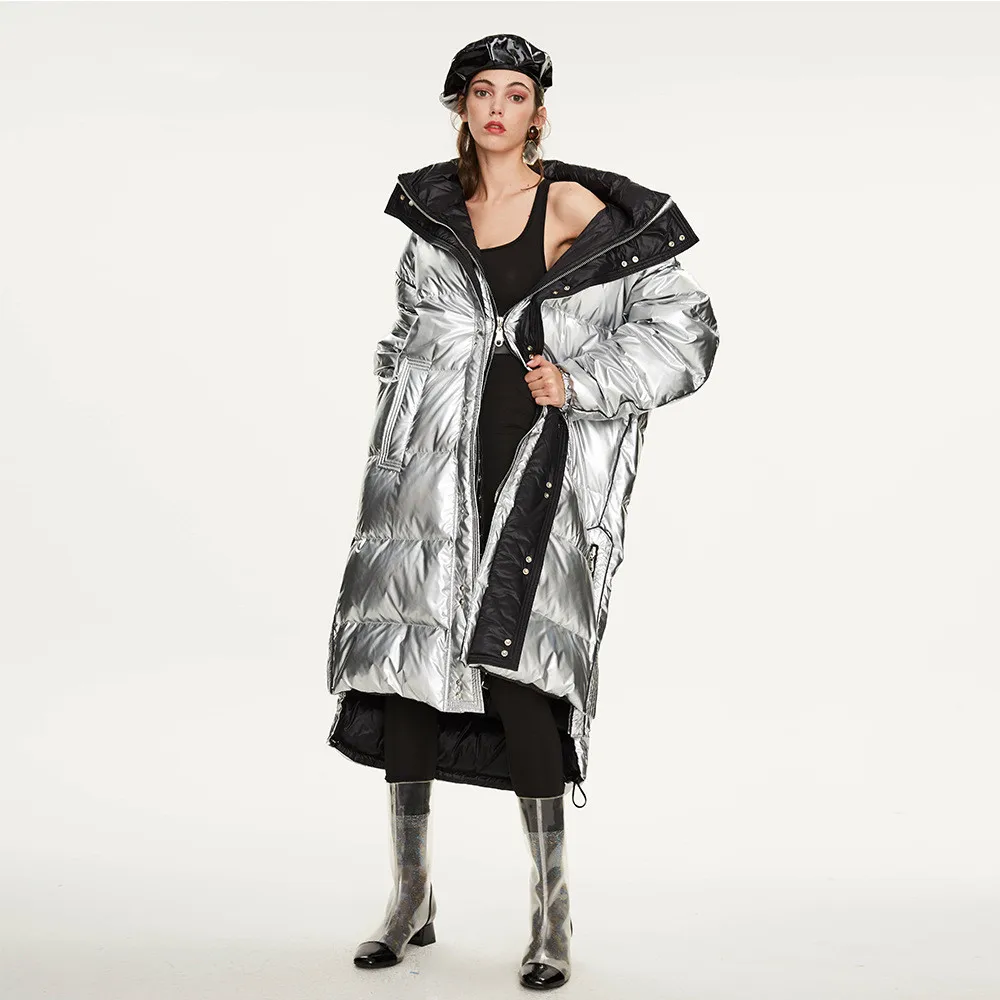 Зимний новый корейский непромокаемый лазерный пуховик Блестящая серебряная