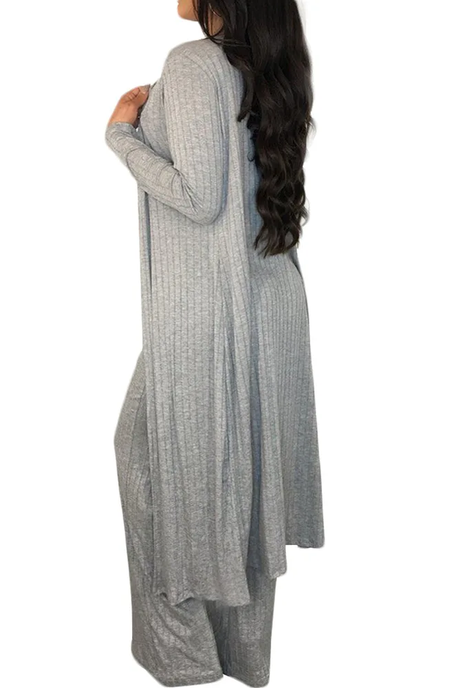 Женский трикотажный комплект из 3 предметов однотонный длинный кардиган в рубчик