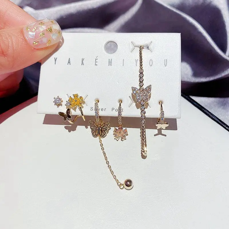 

Trendy 6pcs/set Inlaid zircon Gold color butterfly Chains earrings Ear studs cute earring hoop earrings fashion jewelry women