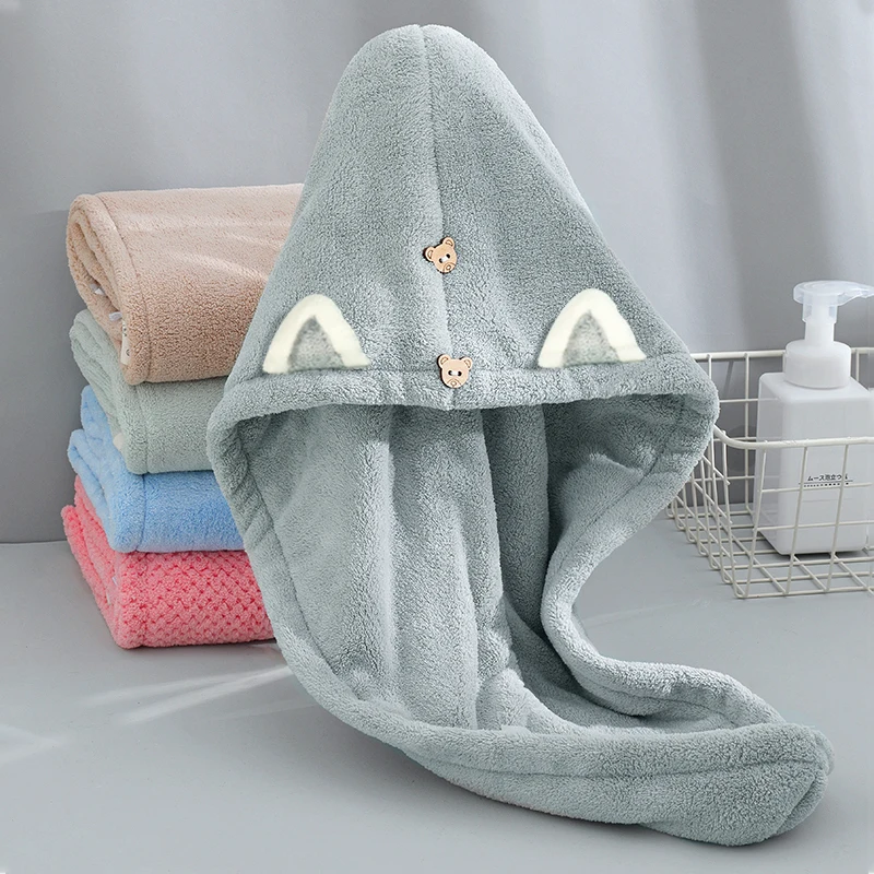 

Dry Hair Towel Cute Women And Child Hair Drying Hat Microfiber Solid Towel Super Absorption Turban Towels