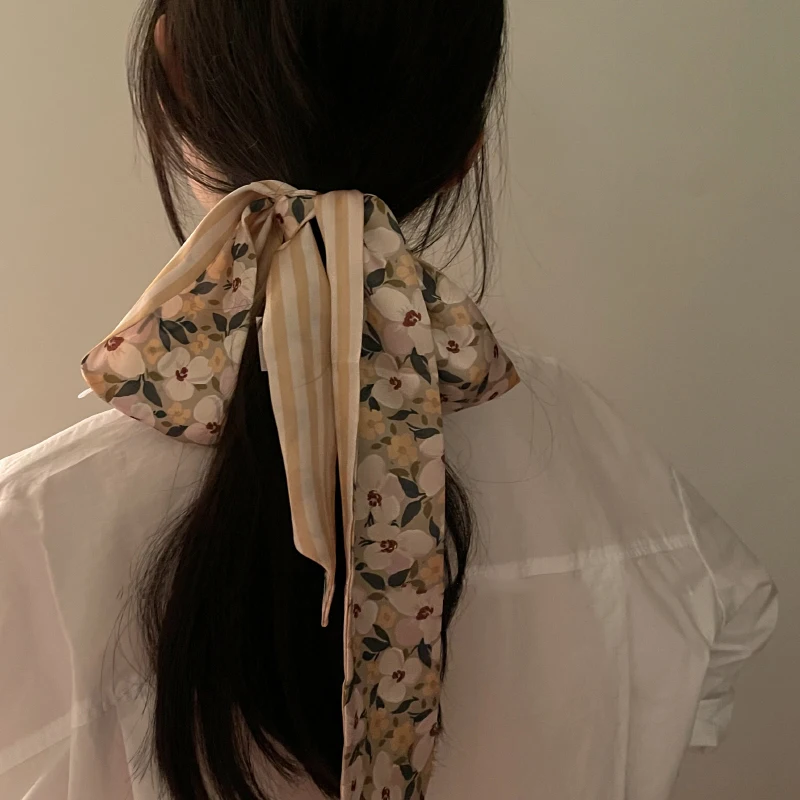 

Luna&Dolphin French Style Roof Garden Wide Ribbon 130X8cm Yellow White Flowers Printed Long Scarf Headbands Neckerchief Streamer