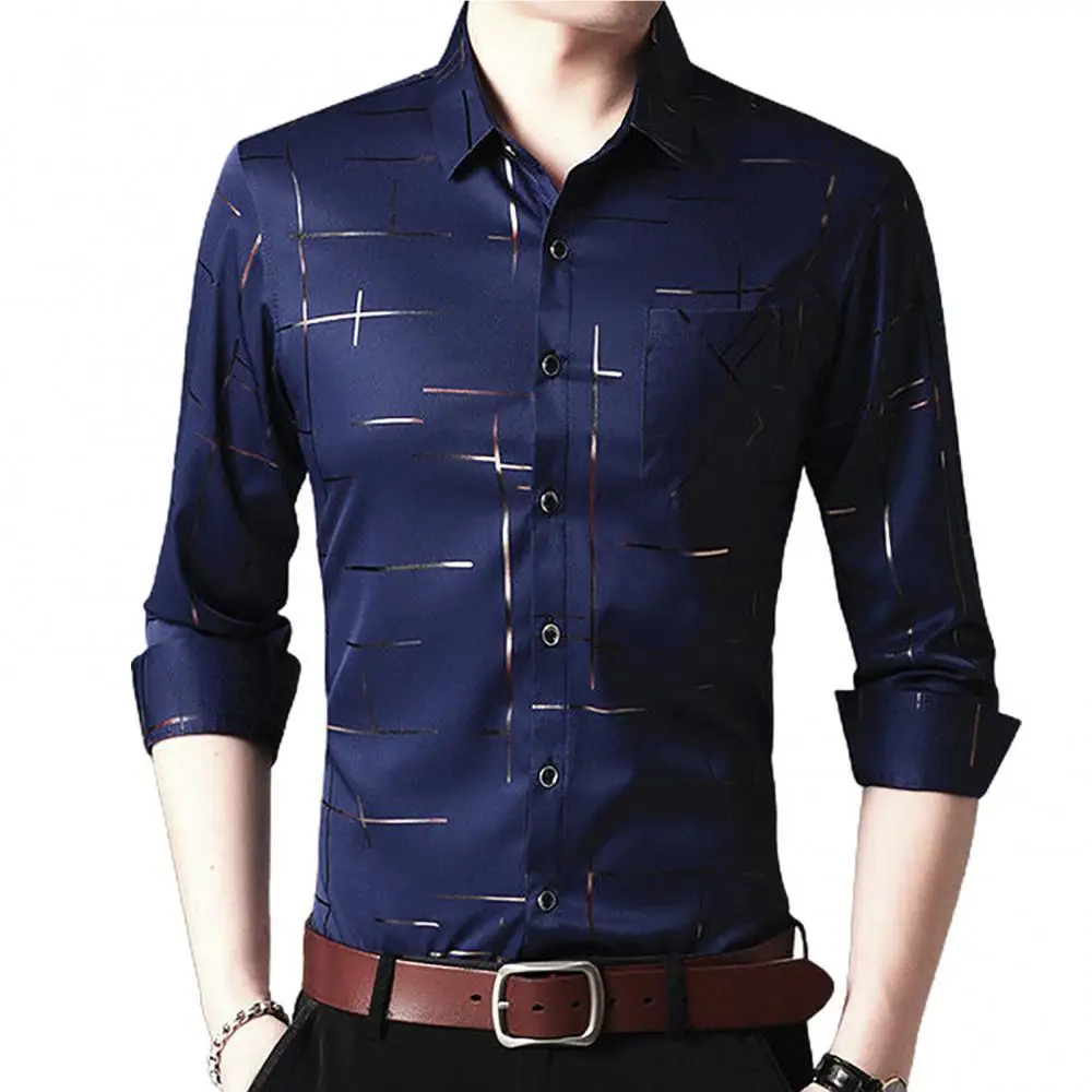 

80% Hot Sale Men Long Sleeve Turn Down Collar Stripes Single-breasted Business Shirt Top Ѭђбака мђжская