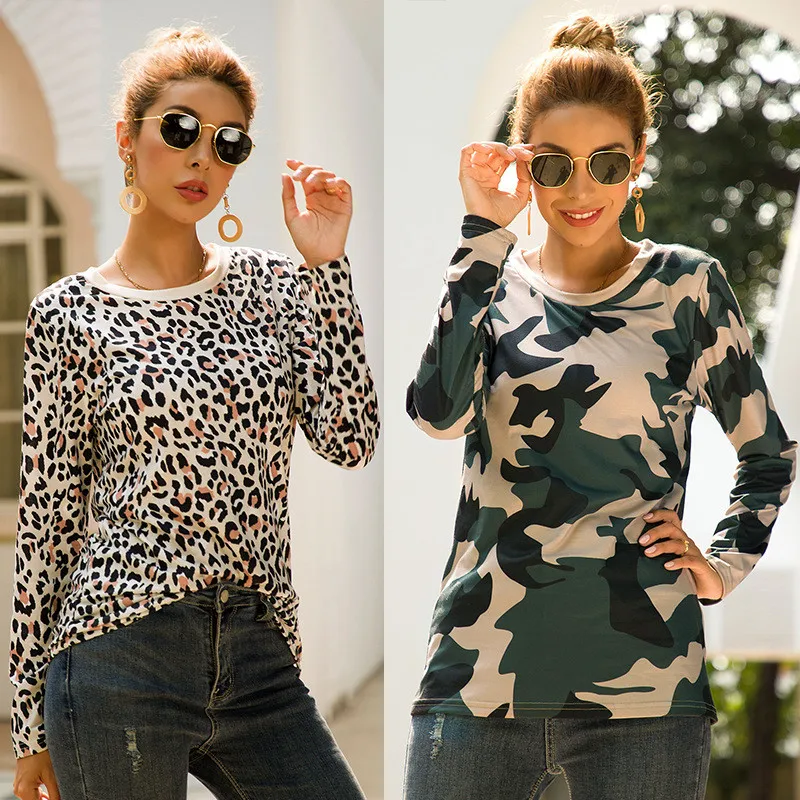 Женский пуловер с леопардовым принтом длинным рукавом и круглым вырезом|Женские