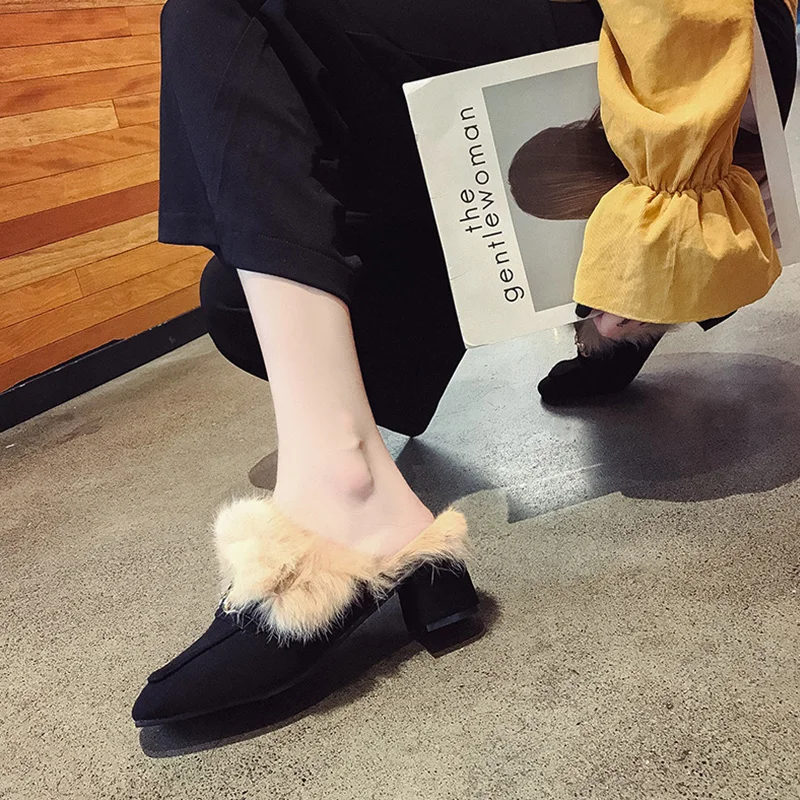 

Shoes Pointed Toe Slippers Soft Flock Square heel Loafers Fur Flip Flops Slides Med Slipers Women Comfort Block Plush Cover