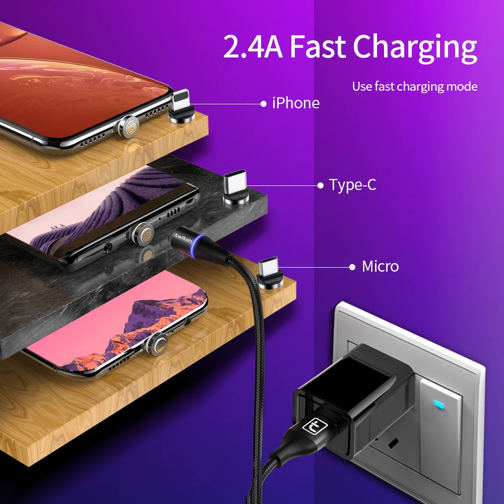 Магнитный USB кабель Twitch 2 м 1 usb Тип c шнур для быстрой зарядки Samsung S10 S9 xiaomi Mi9 Huawei C