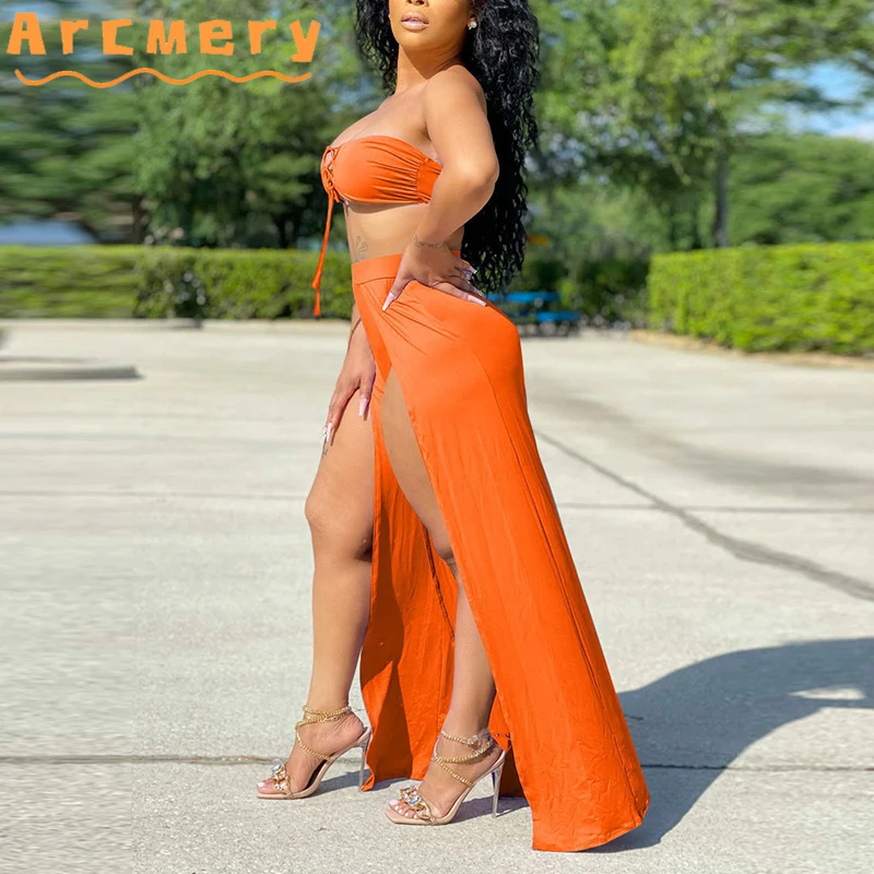 

2 Pieces Pants Sets Women Strapless Top & Slit Wide Leg Pants