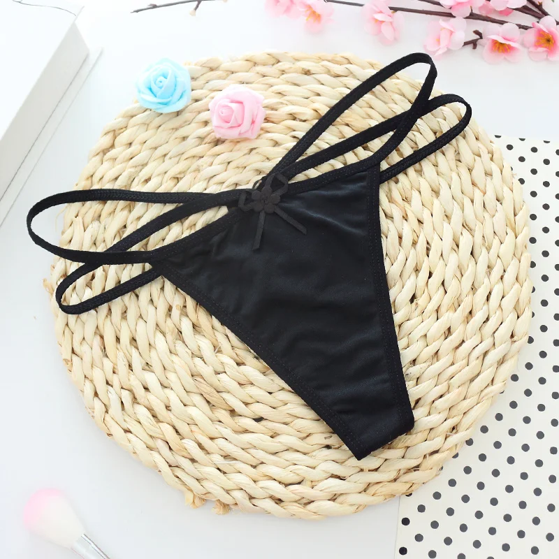 

Thin Strap Pure Color Cotton Bottom Women's Seamless Wide Crotch T-Back Black Underwear Sexy Seduction Tback