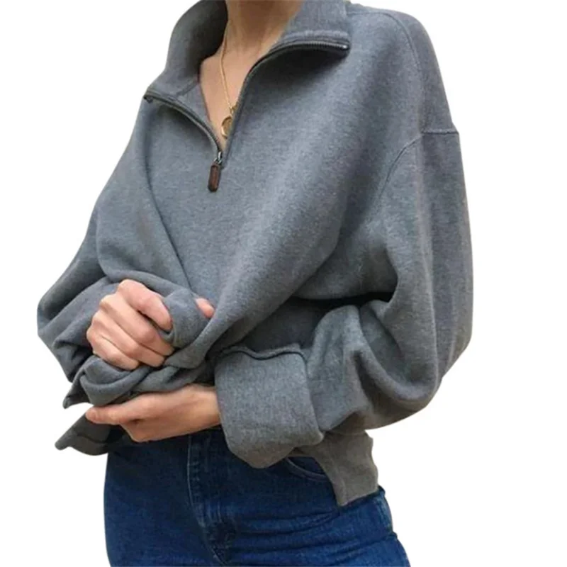 

Women Autumn Turn-Down Collar Zipper Sweatshirt Casual Warm Sweatshirt Long Sleeve Pullovers Solid Color Streetwear Sweatshirt