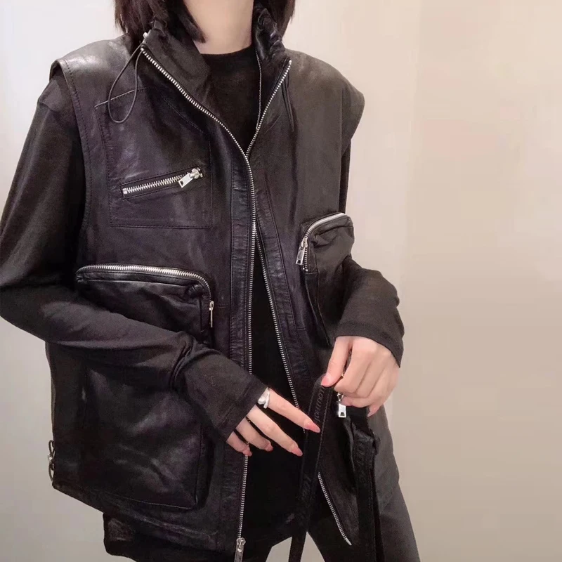 

Real Leather 100% Vest Women Casual Sheepskin Sleeveless Jacket Luxury Brand Autumn Winter Zipper Outerwear Motorcycle Jacket