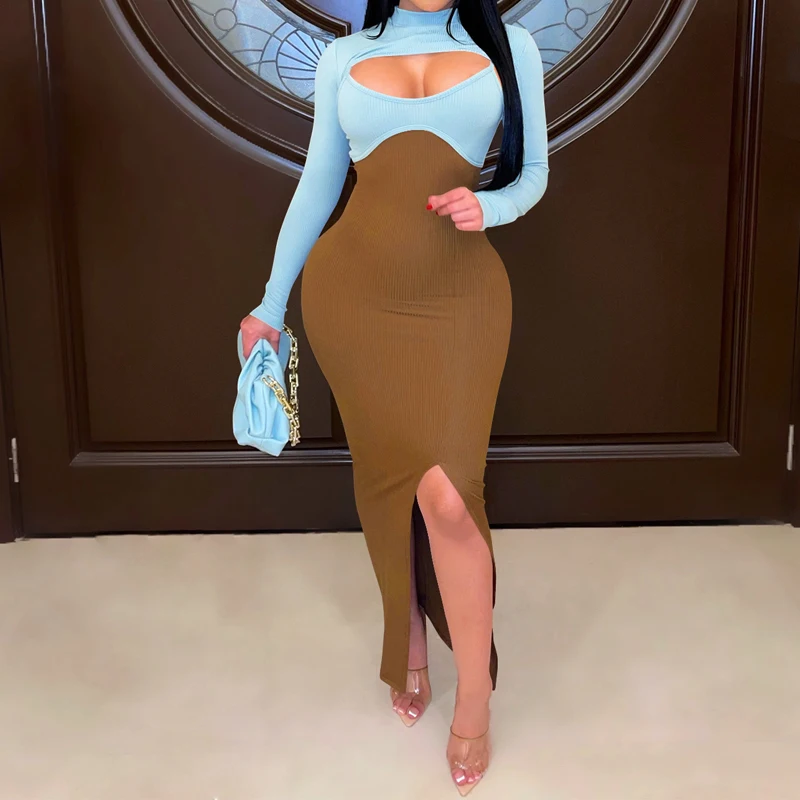

Women Long Sleeve Crop Top and Long Dress Set Two Piece Fashion Contrast Color Spliced Dress Suit Female Slim Party Clothing