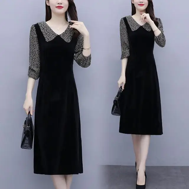 

New 2021 Autumn Large Women's Loose V-Neck Long Sleeve Black Dress