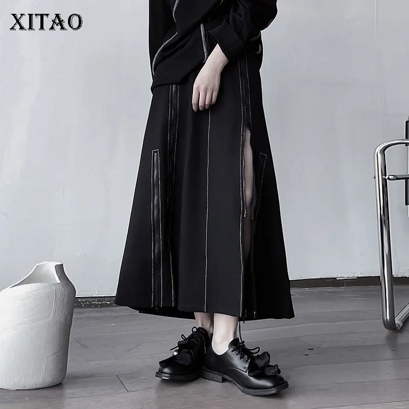 

XITAO, трендовая юбка на молнии, индивидуальная черная комбинированная юбка трапециевидной формы, свободная Мода 2022, весна-осень, универсальн...